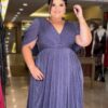 Vestido de Festa Plus Size Azul Marinho Capa Xale, Tecido Brilho.