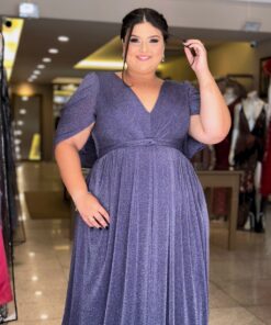 Vestido de Festa Plus Size Azul Marinho Capa Xale, Tecido Brilho.