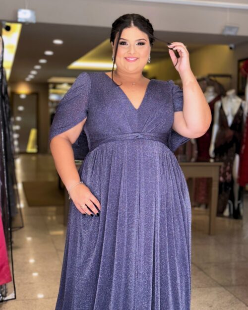 Vestido de Festa Plus Size Azul Marinho Capa Xale, Tecido Brilho.