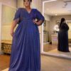 Vestido de Festa Plus Size Azul Marinho Capa Xale, Tecido Brilho.