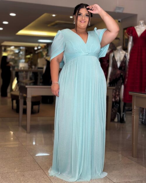 Vestido de Festa Plus Size Verde Menta Capa Xale, Tecido Brilho.