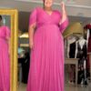 Vestido de Festa Plus Size, pink, capa xale, tecido brilho.