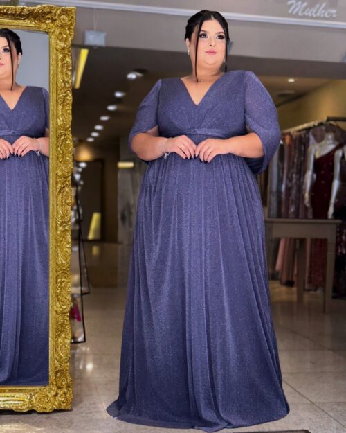 Vestido de Festa Plus Size Azul Marinho Capa Xale, Tecido Brilho.