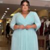 Vestido de Festa Plus Size Verde Menta Capa Xale, Tecido Brilho.