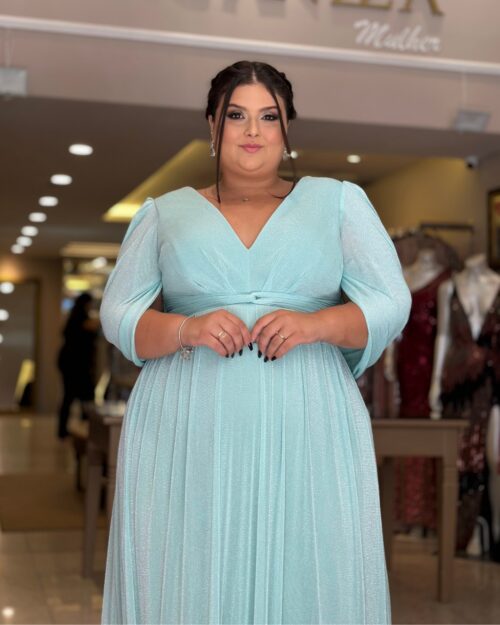 Vestido de Festa Plus Size Verde Menta Capa Xale, Tecido Brilho.