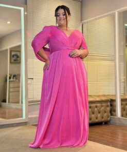 Vestido de Festa Plus Size, pink, capa xale, tecido brilho.