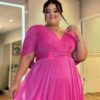 Vestido de Festa Plus Size, pink, capa xale, tecido brilho.