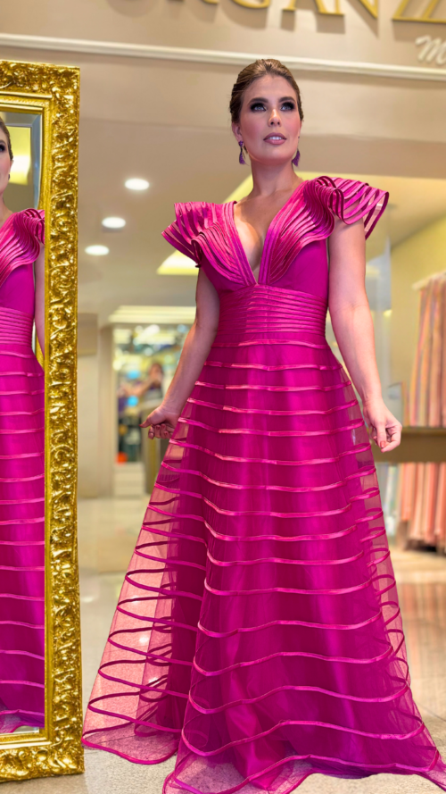 Vestido de festa fitado - Alexa - Fuscia- Organzza Moda Festa.