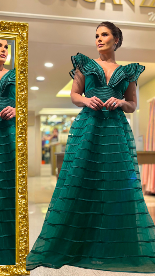 Vestido para mãe de noiva - Alexa - Verde Esmeralda- Organzza Moda Festa.