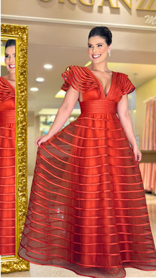 Vestido para mãe de noiva - Alexa - Terracota- Organzza Moda Festa.