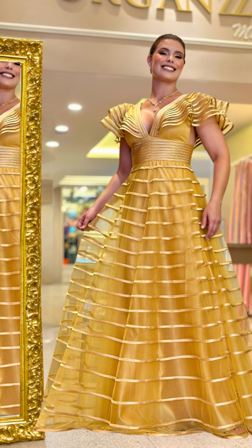Vestido para mãe de noiva - Alexa - Dourado - Organzza Moda Festa