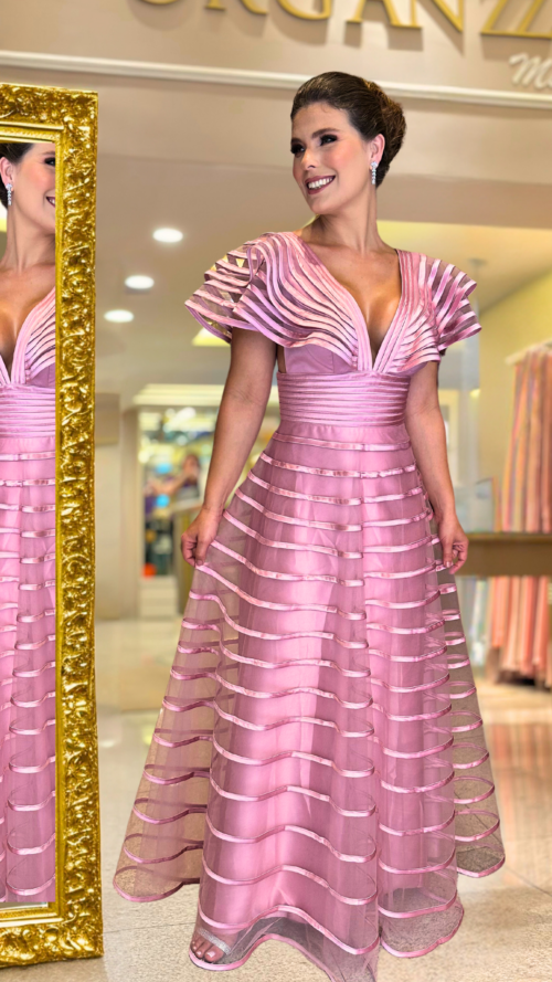 Vestido para mãe de noiva - Alexa - Rosa - Organzza Moda Festa.