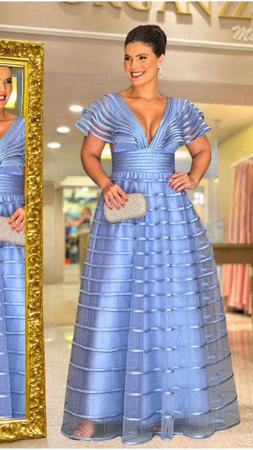 Vestido Alexa Para Mãe de Noiva - Azul Serenity - Organzza Moda Festa